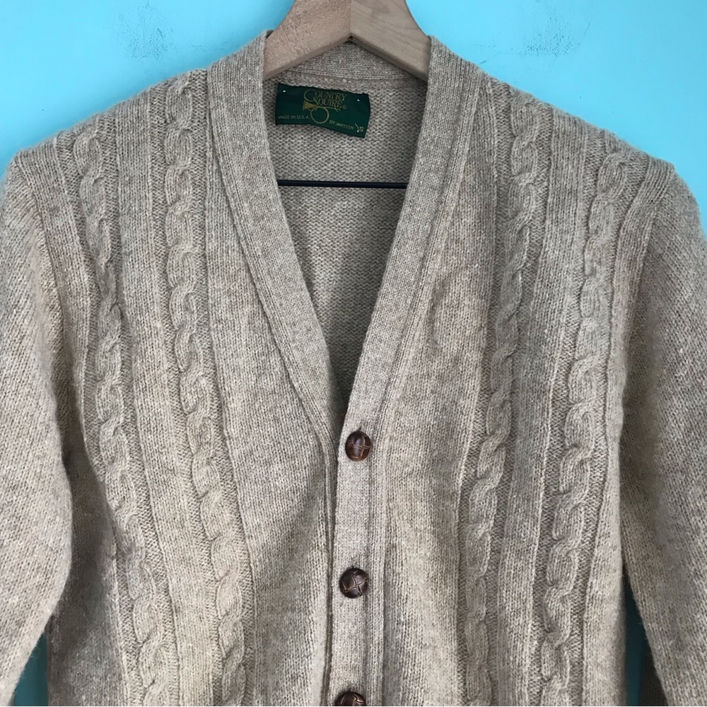 Country Square Jantzen Vintage Cable Chunky Wool Sweater Grandpa Cardigan USA S - Picture 4 of 13
